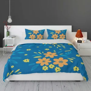 Orange Yellow Small Floral On Blue Bedding Set 1