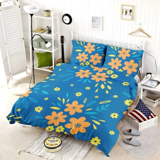 Orange Yellow Small Floral On Blue Bedding Set