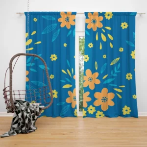 Orange Yellow Small Floral On Blue Curtain