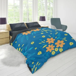 Orange Yellow Small Floral On Blue Duvet Cover 1