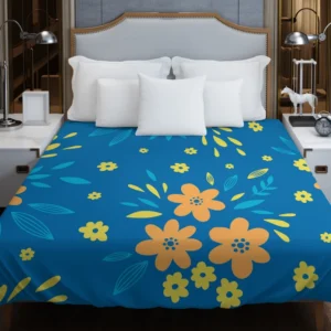 Orange Yellow Small Floral On Blue Duvet Cover