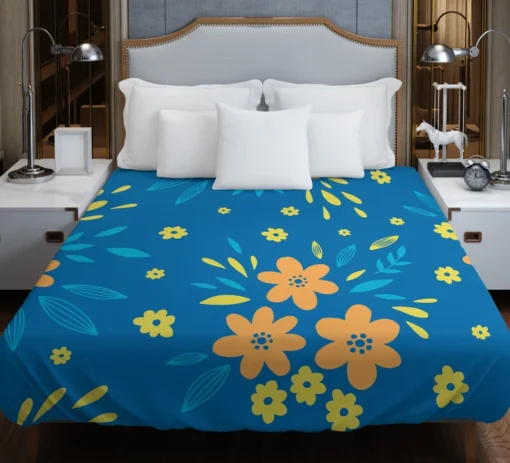 Orange Yellow Small Floral On Blue Duvet Cover