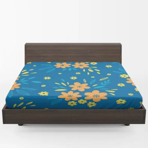 Orange Yellow Small Floral On Blue Fitted Sheet 1