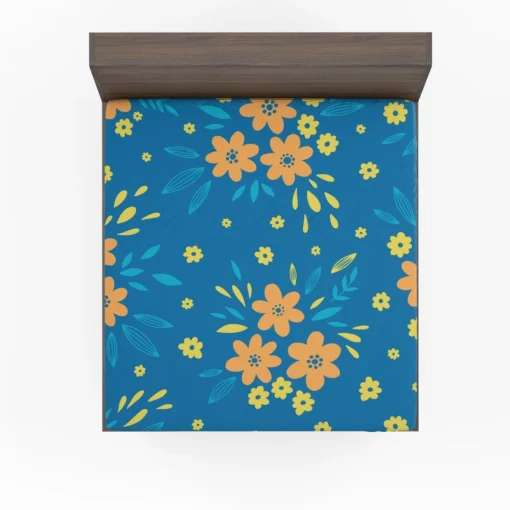 Orange Yellow Small Floral On Blue Fitted Sheet