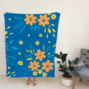 Orange Yellow Small Floral On Blue Fleece Blanket