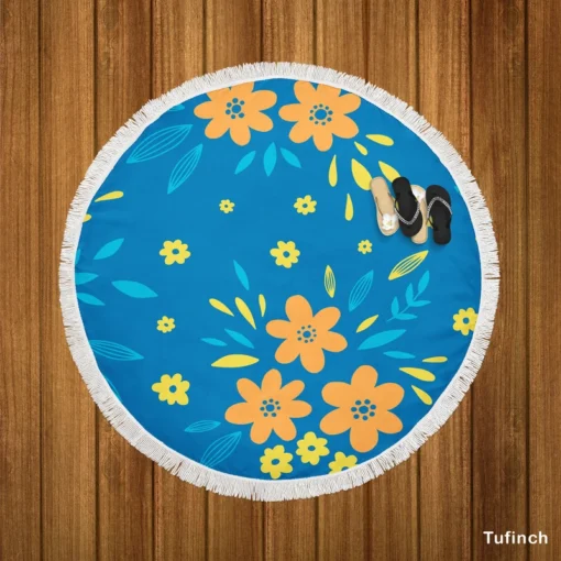 Orange Yellow Small Floral On Blue Round Beach Towel