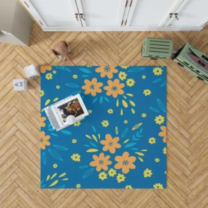 Orange Yellow Small Floral On Blue Rug