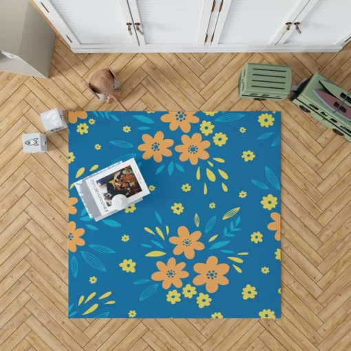 Orange Yellow Small Floral On Blue Rug