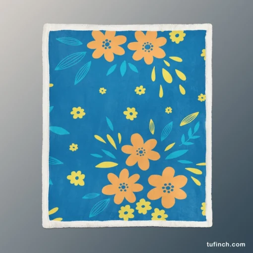 Orange Yellow Small Floral On Blue Sherpa Fleece Blanket 1