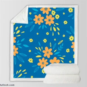 Orange Yellow Small Floral On Blue Sherpa Fleece Blanket