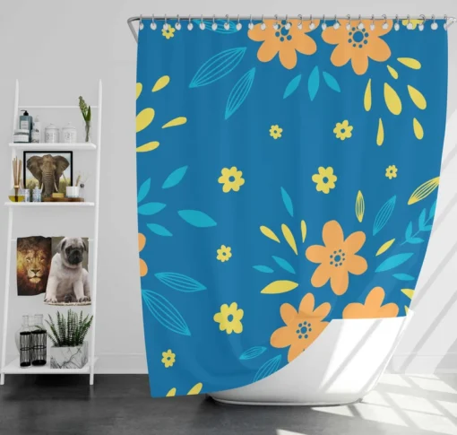 Orange Yellow Small Floral On Blue Shower Curtain