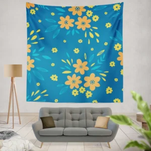 Orange Yellow Small Floral On Blue Wall Tapestry