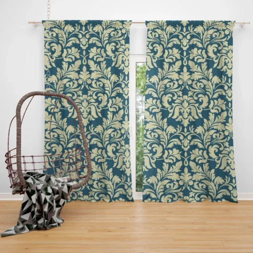 Pacific Sea Teal Damask Design Curtain