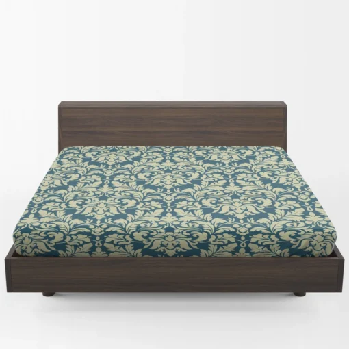 Pacific Sea Teal Damask Design Fitted Sheet 1