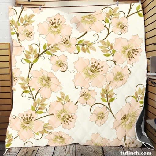 Pale Pink Flowers Spring Design Quilt Blanket