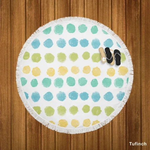 Pastel Color Yellow Blue Green Polka Pattern Round Beach Towel