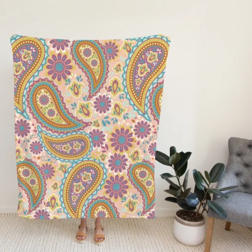 Pastel Colored Floral Paisley Design Fleece Blanket