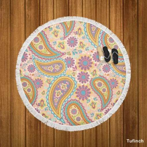 Pastel Colored Floral Paisley Design Round Beach Towel