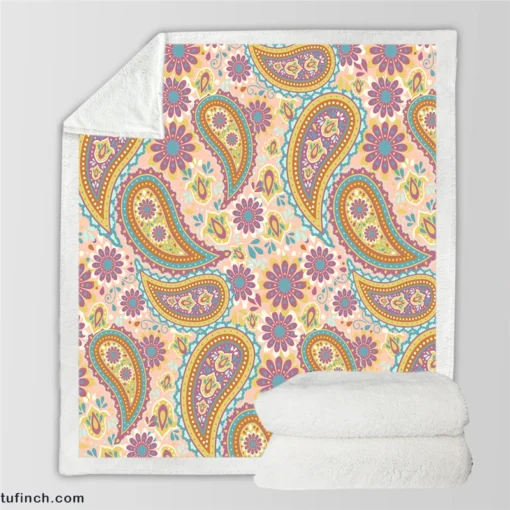 Pastel Colored Floral Paisley Design Sherpa Fleece Blanket