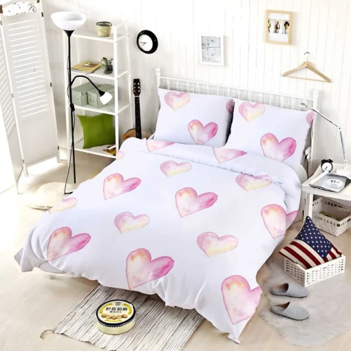 Pastel Pink Watercolor Hearts Bedding Set