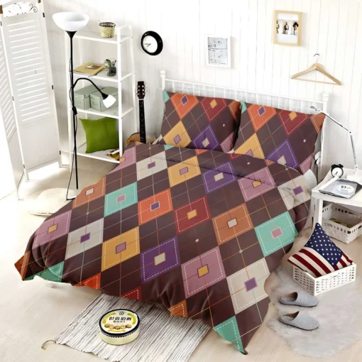 Patchwork Argyle Multicolored On Brown Pattern Bedding Set