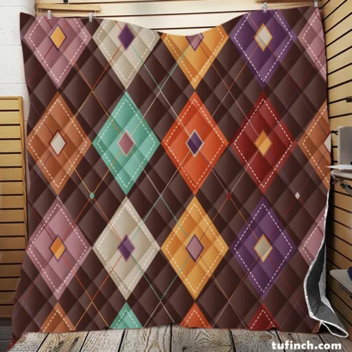 Patchwork Argyle Multicolored On Brown Pattern Quilt Blanket