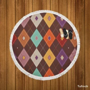 Patchwork Argyle Multicolored On Brown Pattern Round Beach Towel