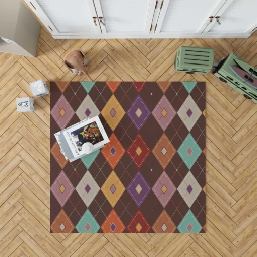 Patchwork Argyle Multicolored On Brown Pattern Rug