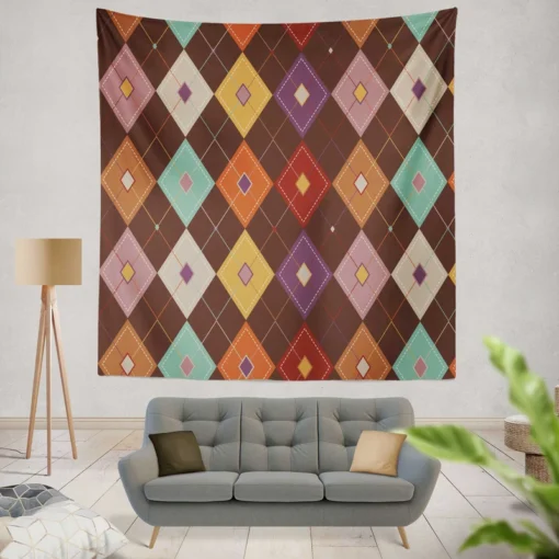 Patchwork Argyle Multicolored On Brown Pattern Wall Tapestry