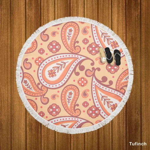 Peach Colored Paisley Design Round Beach Towel