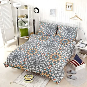 Peach Grey Moroccan Floral Art Bedding Set