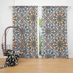 Peach Grey Moroccan Floral Art Curtain