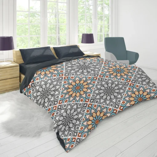 Peach Grey Moroccan Floral Art Duvet Cover 1