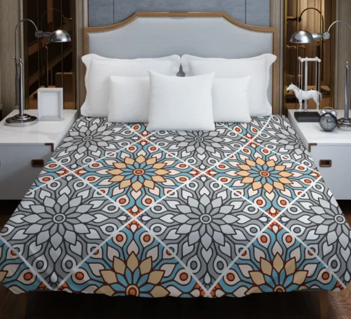 Peach Grey Moroccan Floral Art Duvet Cover