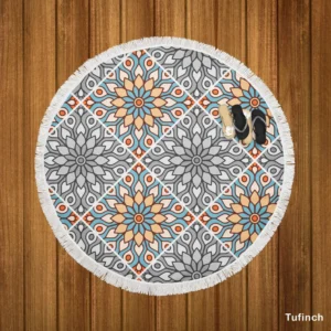 Peach Grey Moroccan Floral Art Round Beach Towel