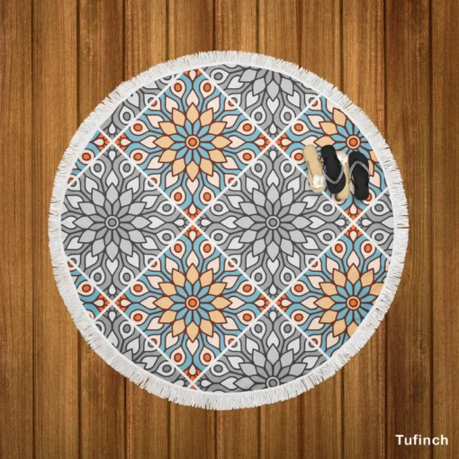 Peach Grey Moroccan Floral Art Round Beach Towel