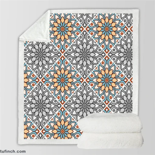 Peach Grey Moroccan Floral Art Sherpa Fleece Blanket