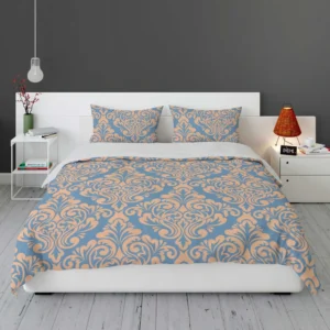 Peach Orange Damask In Blue Bedding Set 1