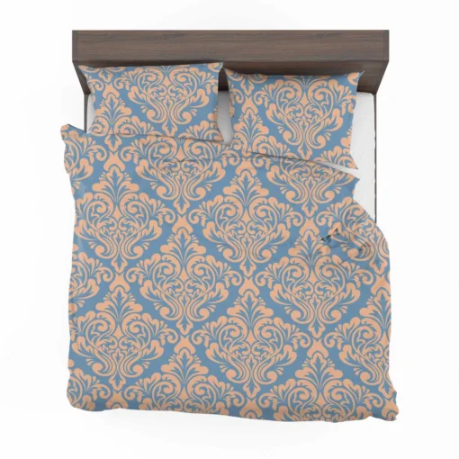 Peach Orange Damask In Blue Bedding Set 2