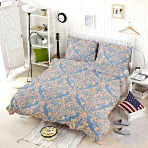 Peach Orange Damask In Blue Bedding Set