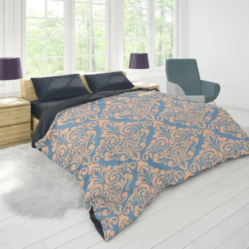 Peach Orange Damask In Blue Duvet Cover 1