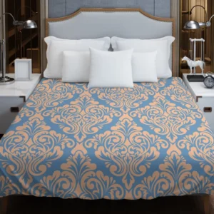 Peach Orange Damask In Blue Duvet Cover