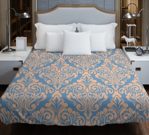 Peach Orange Damask In Blue Duvet Cover