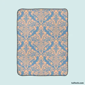 Peach Orange Damask In Blue Fleece Blanket 1