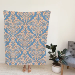 Peach Orange Damask In Blue Fleece Blanket