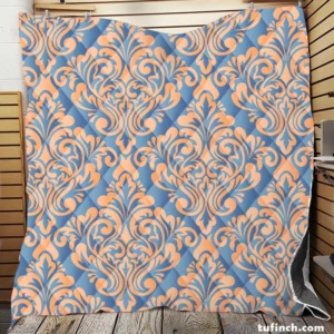 Peach Orange Damask In Blue Quilt Blanket