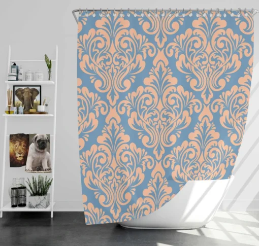 Peach Orange Damask In Blue Shower Curtain