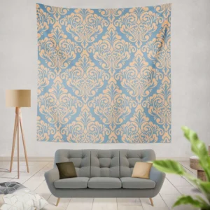 Peach Orange Damask In Blue Wall Tapestry