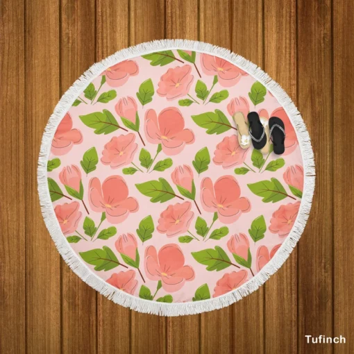 Peach Tones Floral Pattern Round Beach Towel