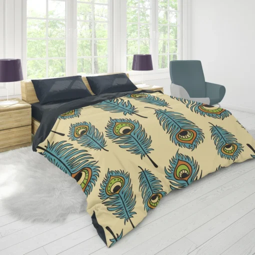 Peacock Feather Hand Drawn Design Duvet Cover 1